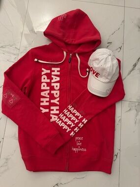 Peace Love Word Red 'Happy' Graphic Zip Hoodie with White 'LOVE' Cap